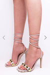 Nude Stiletto High Heels with Studded Strap & Lace Up Detail