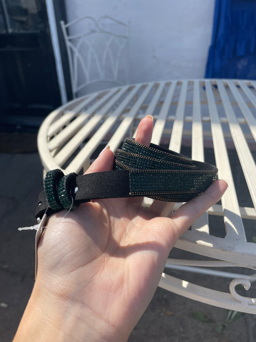 Green Thin Suede Belt with Diamonté Detail and Gold trim