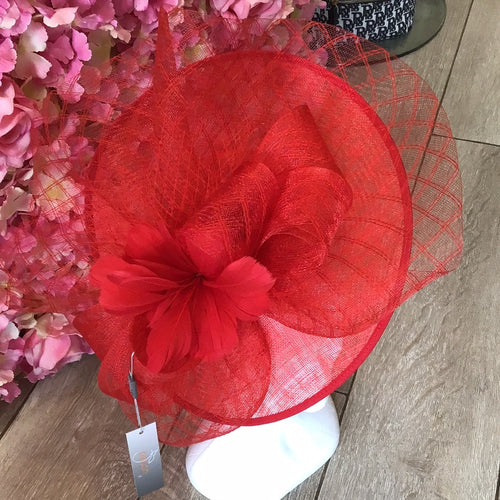 Large red headband hatinator with net & feather