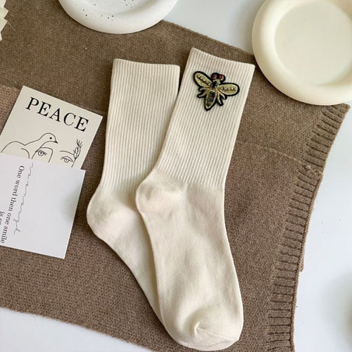 Crystal BEE embellished socks in Cream