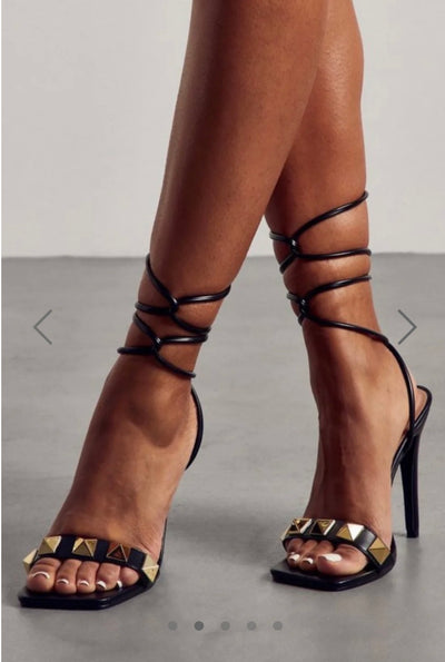 Black Stiletto High Heels with Studded Strap & Lace Up Detail