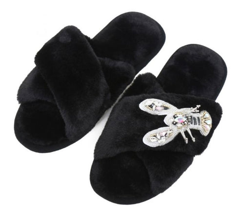 Black fluffy slippers with large silver lobster