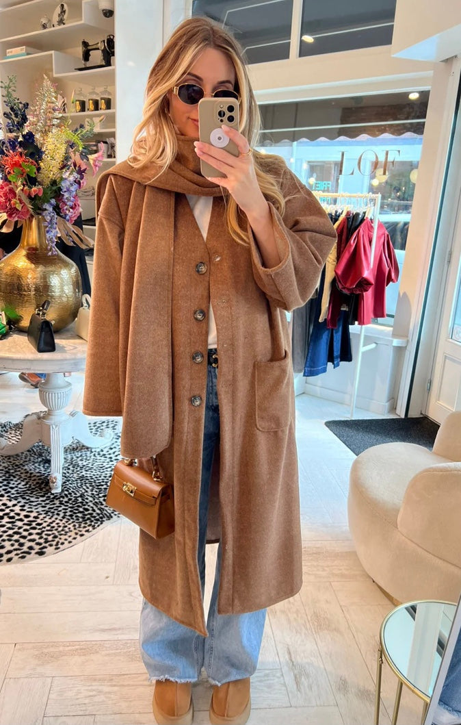 Long button coat with scarf