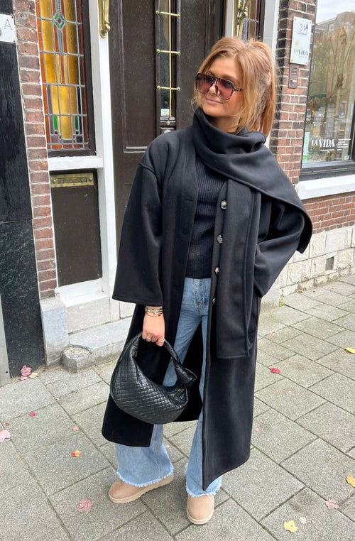 Long button coat with scarf