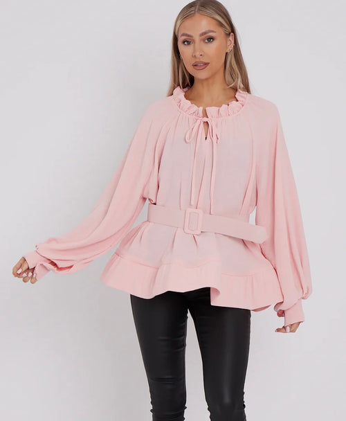 Belted oversized top- Pink