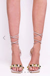 Nude Stiletto High Heels with Studded Strap & Lace Up Detail