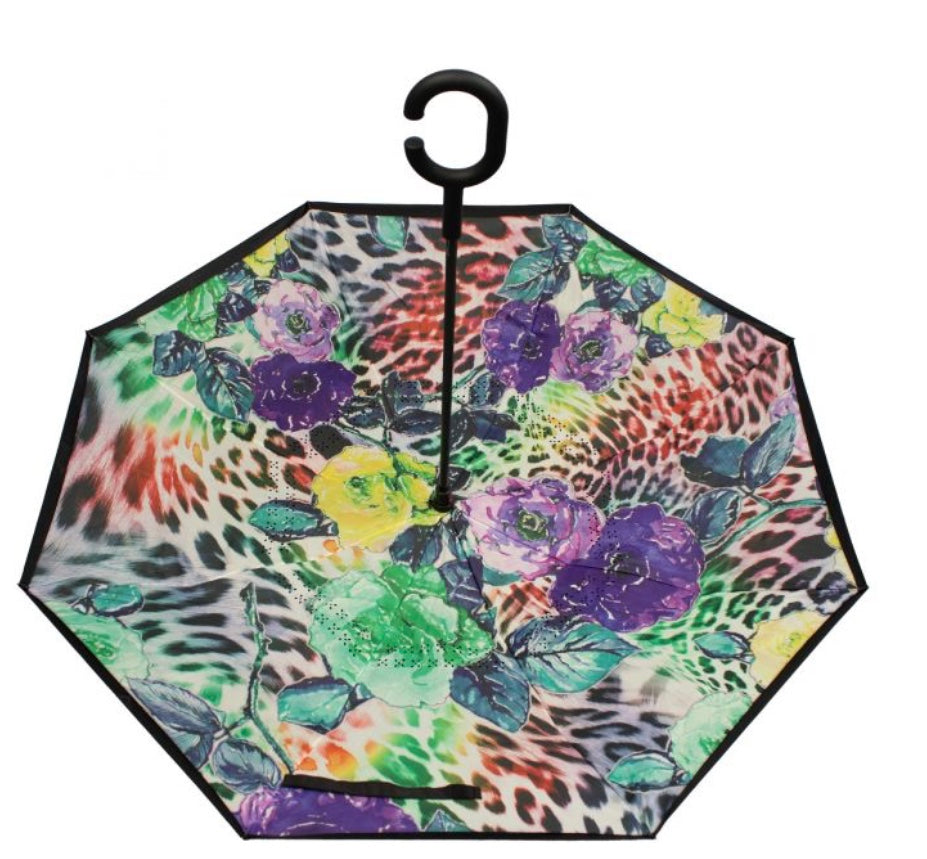 Floral leopard print upside down umbrella