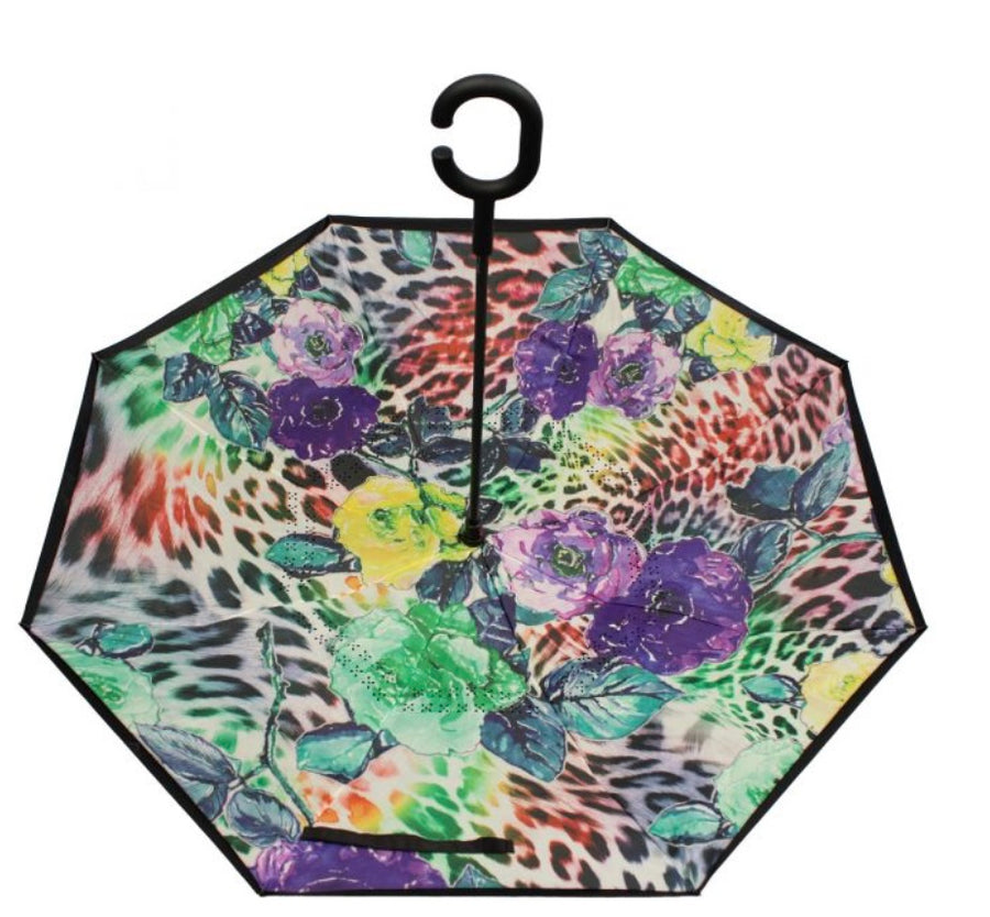 Floral leopard print upside down umbrella