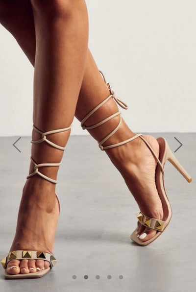 Nude Stiletto High Heels with Studded Strap & Lace Up Detail