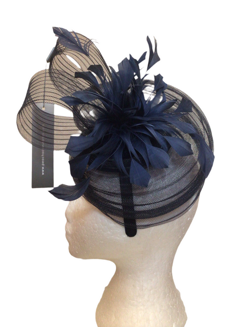 Navy blue fascinator on headband