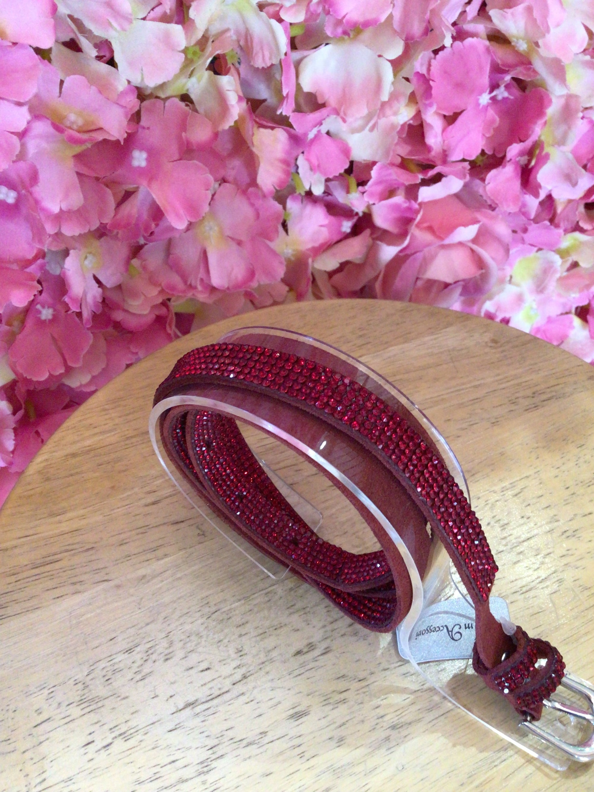 Red thin suede belt with diamanté detail