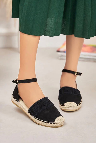 BLACK ANKLE STRAP FAUX SUEDE ESPADRILLE SANDALS