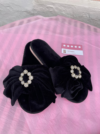 Black velvet slippers with diamanté detail