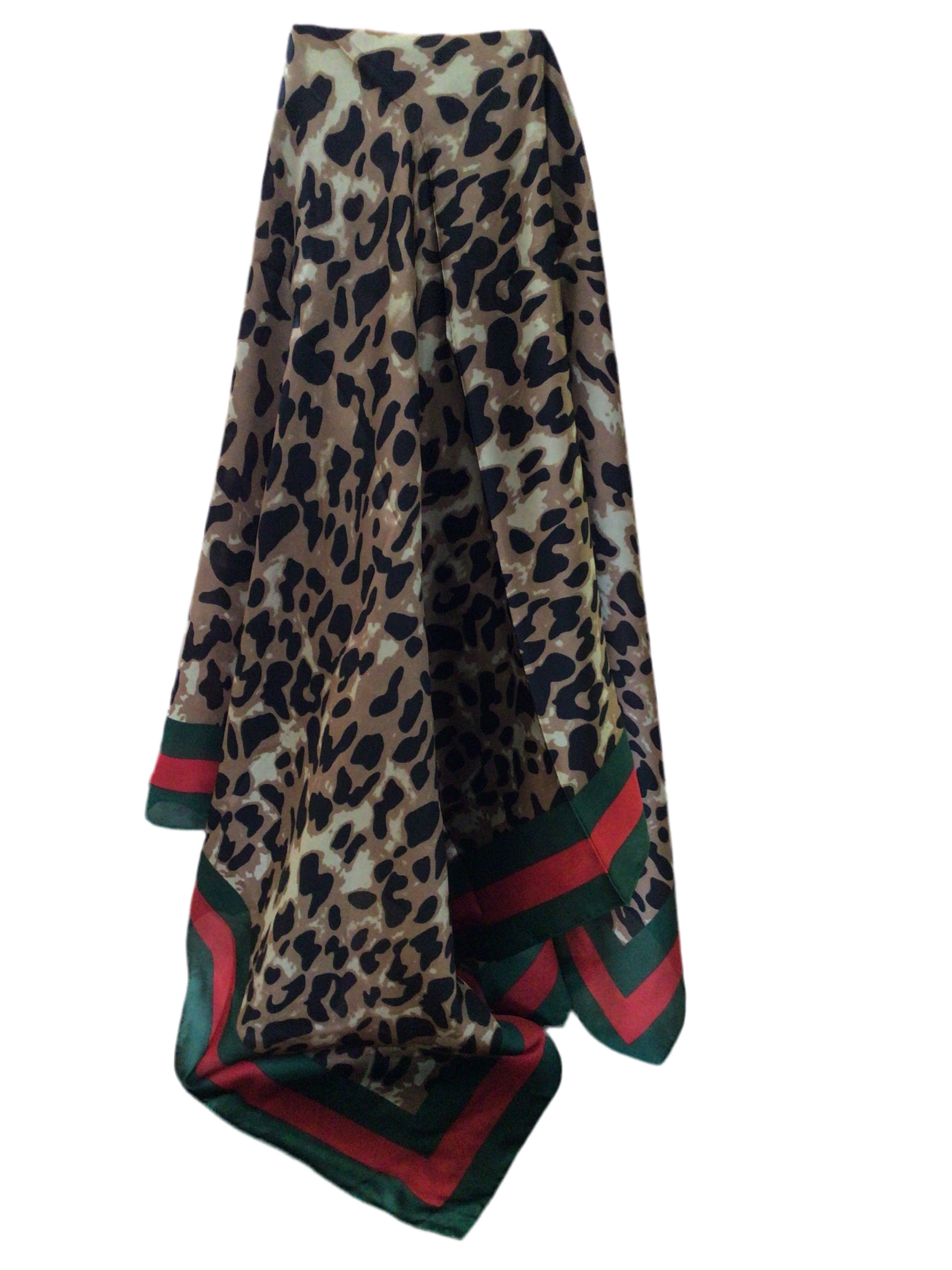Large Square Scarf, animal print with Green and Red boarder