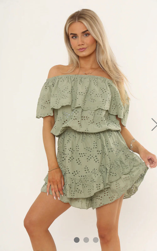 Beige- off shoulder playsuit