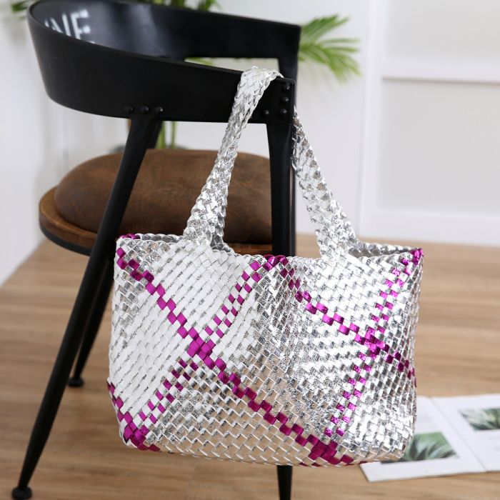 large Weave tote bag in Silver/Multicolour stripes - Si Si's