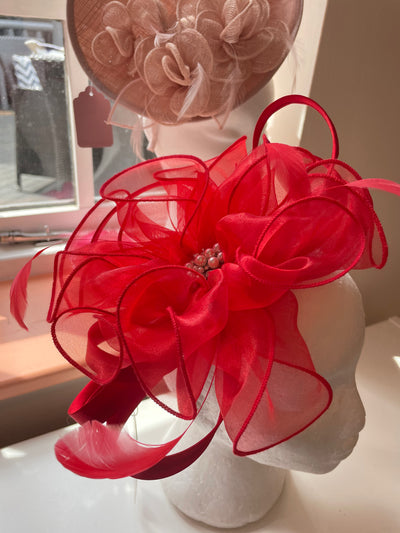 Medium red fascinator with feather detail