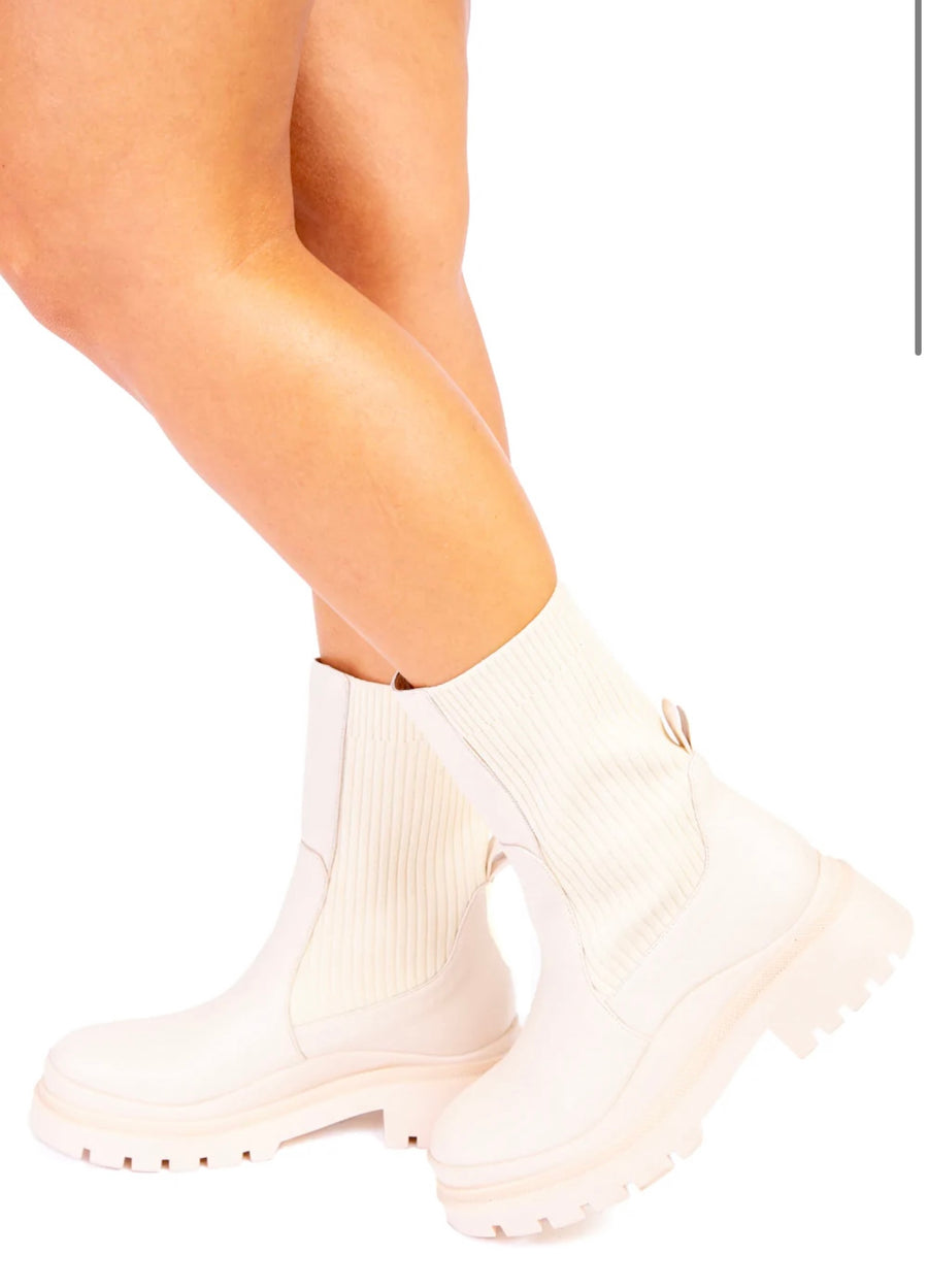 Cream- PU leather chunky boots with knit detail. (SALE )