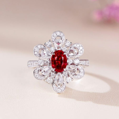 Crystal flower with red stone adjustable ring